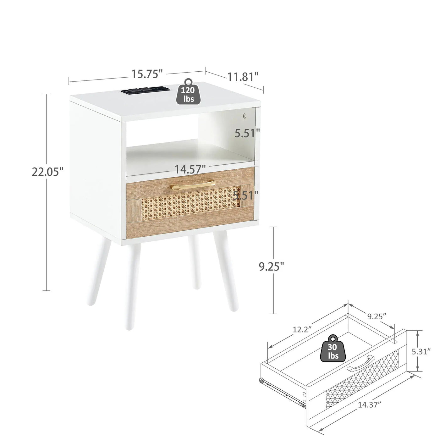 15.75" Rattan End Table With Power Outlet & USB Ports, Modern Nightstand With Drawer And Solid Wood Legs, Side Table For Living Room, Bedroom by Unique Piece Furniture