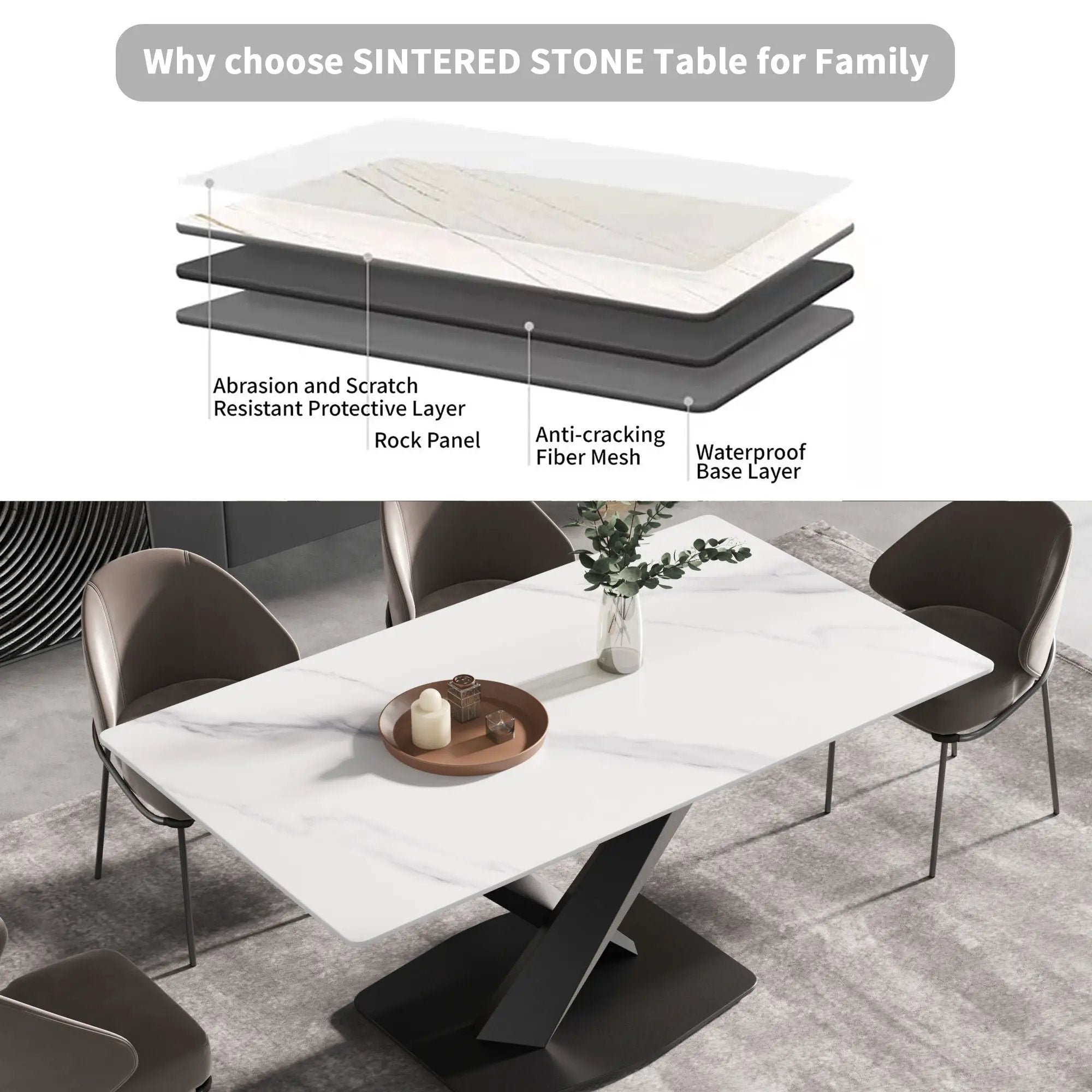 Modern Artificial Stone Straight Edge Metal X Leg Dining Table, 6 People by HouseOfZazla