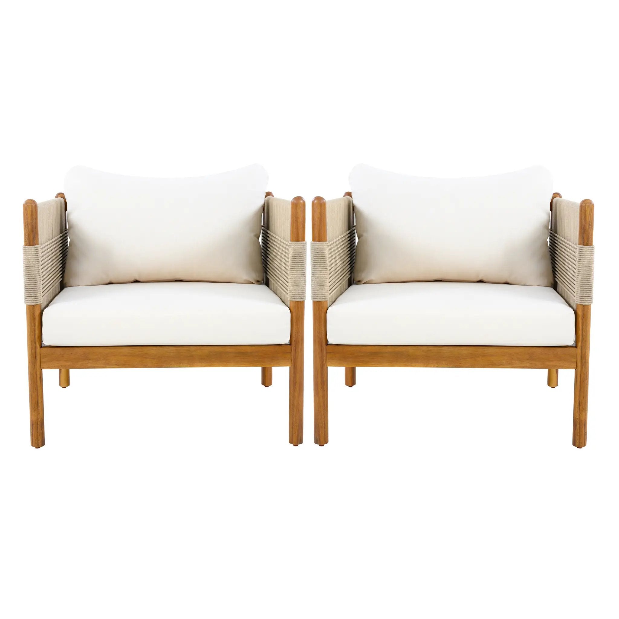 Outdoor Club Chairs (Set of 2) with Diamond-Pattern Beige Rope, Teak Finish by HouseOfZazla