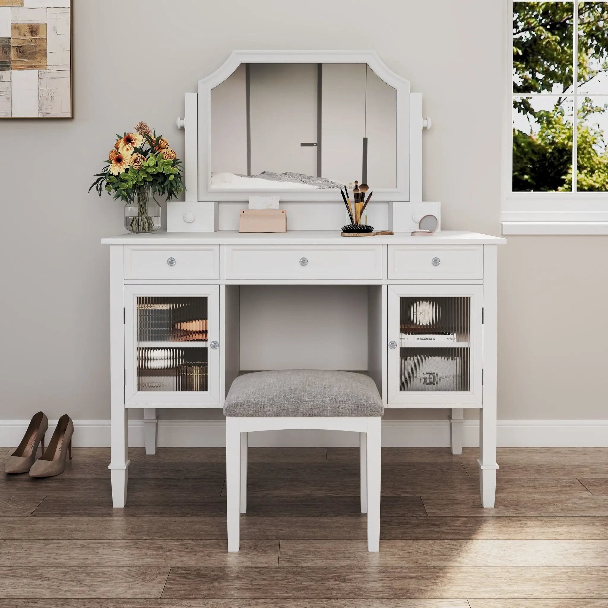 Elegant Makeup Vanity Desk With Adjustable Mirror And Storage And Construction - White by Unique Piece Furniture