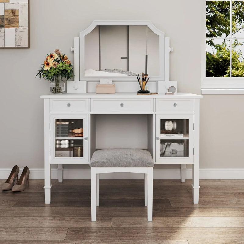 Elegant Makeup Vanity Desk With Adjustable Mirror And Storage And Construction - White by Unique Piece Furniture