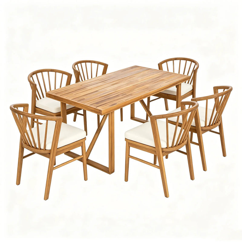 7 Pieces Acacia Wood Outdoor Dining Set with Cream Cushions by HouseOfZazla