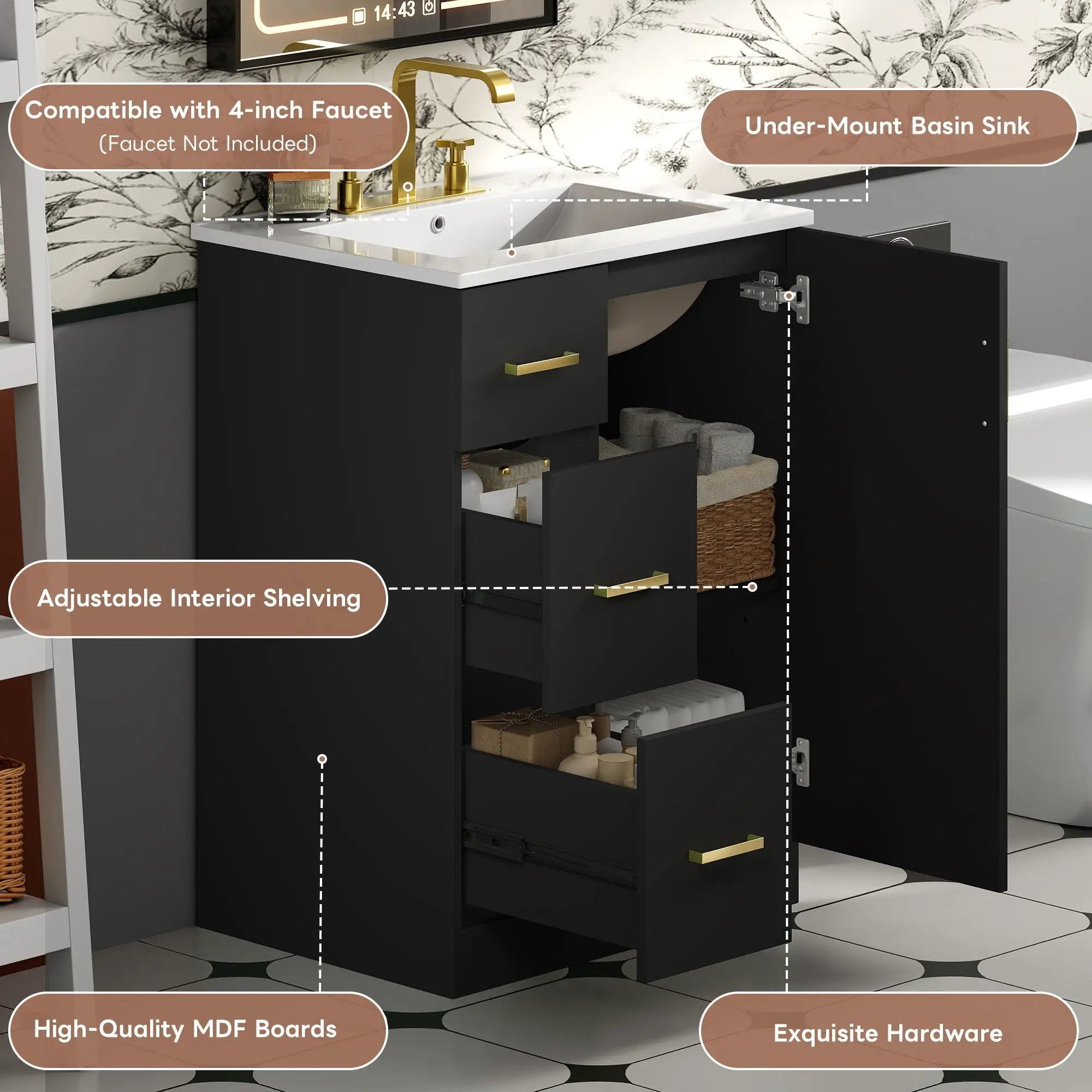 Bathroom Vanity With Under Mount Sink, 2 Drawers And Soft Closing Door