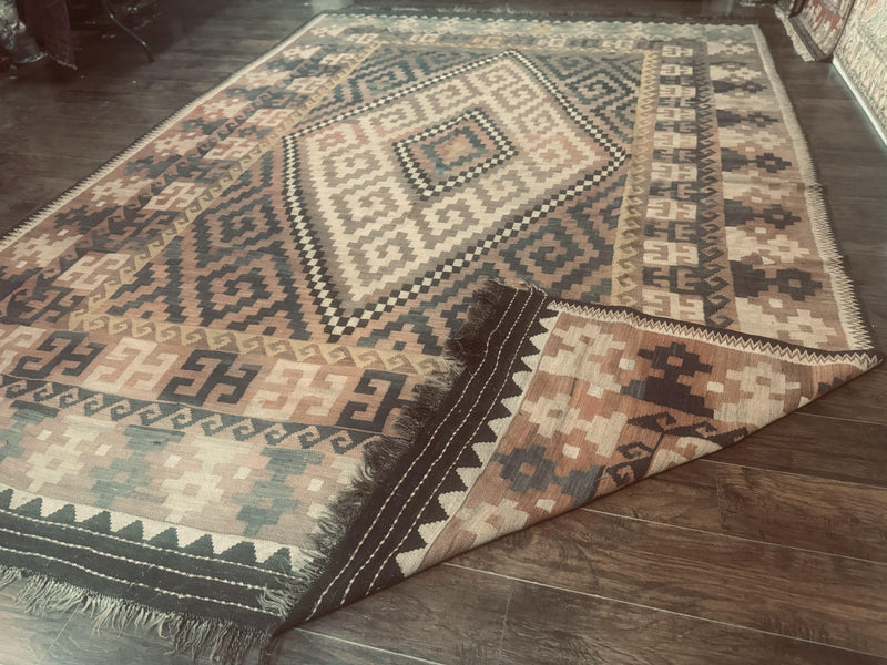 Antique Persian Tribal Kilim Rug 9x12, Zig Zag Pattern Kilim, Zarand Rug, Wool, Earth Tone Colors by Jewel Rugs