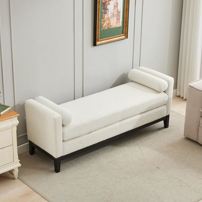 Elegant Upholstered Bench, Daybed, Ottoman With Wood Legs & Bolster Pillows - Ivory Boucle by HouseOfZazla
