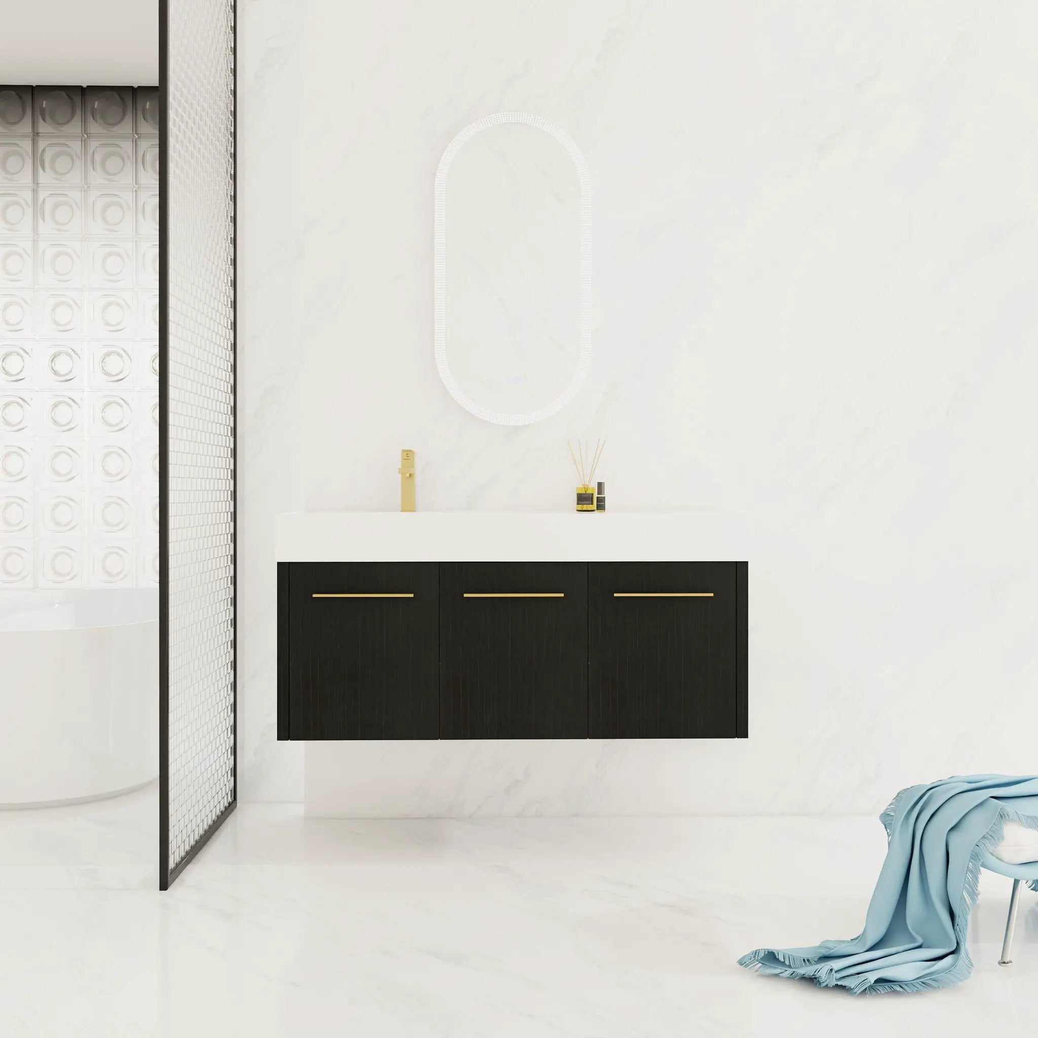 Contemporary 48" Wall Mounted Bathroom Vanity With Resin Sink And Soft Closing Doors And Line - Black Chestnut by HouseOfZazla