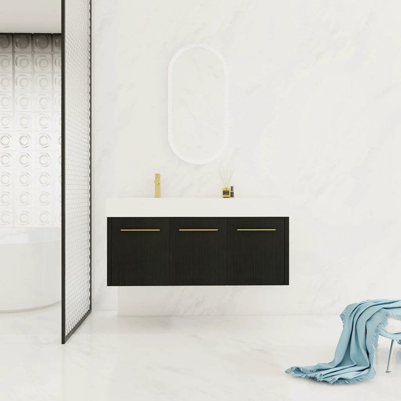 Contemporary 48" Wall Mounted Bathroom Vanity With Resin Sink And Soft Closing Doors And Line - Black Chestnut by HouseOfZazla