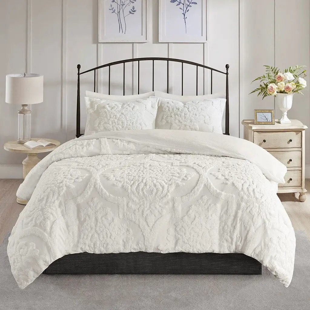 King/Cal King 3 Piece Tufted Cotton Chenille Damask Duvet Cover Set by HouseOfZazla