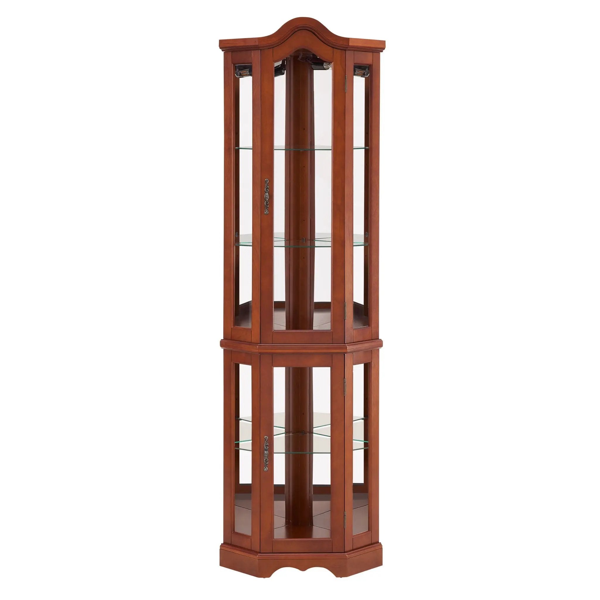 Corner Curio Cabinet With Lights, Adjustable Shelves, Mirrored Back - Walnut