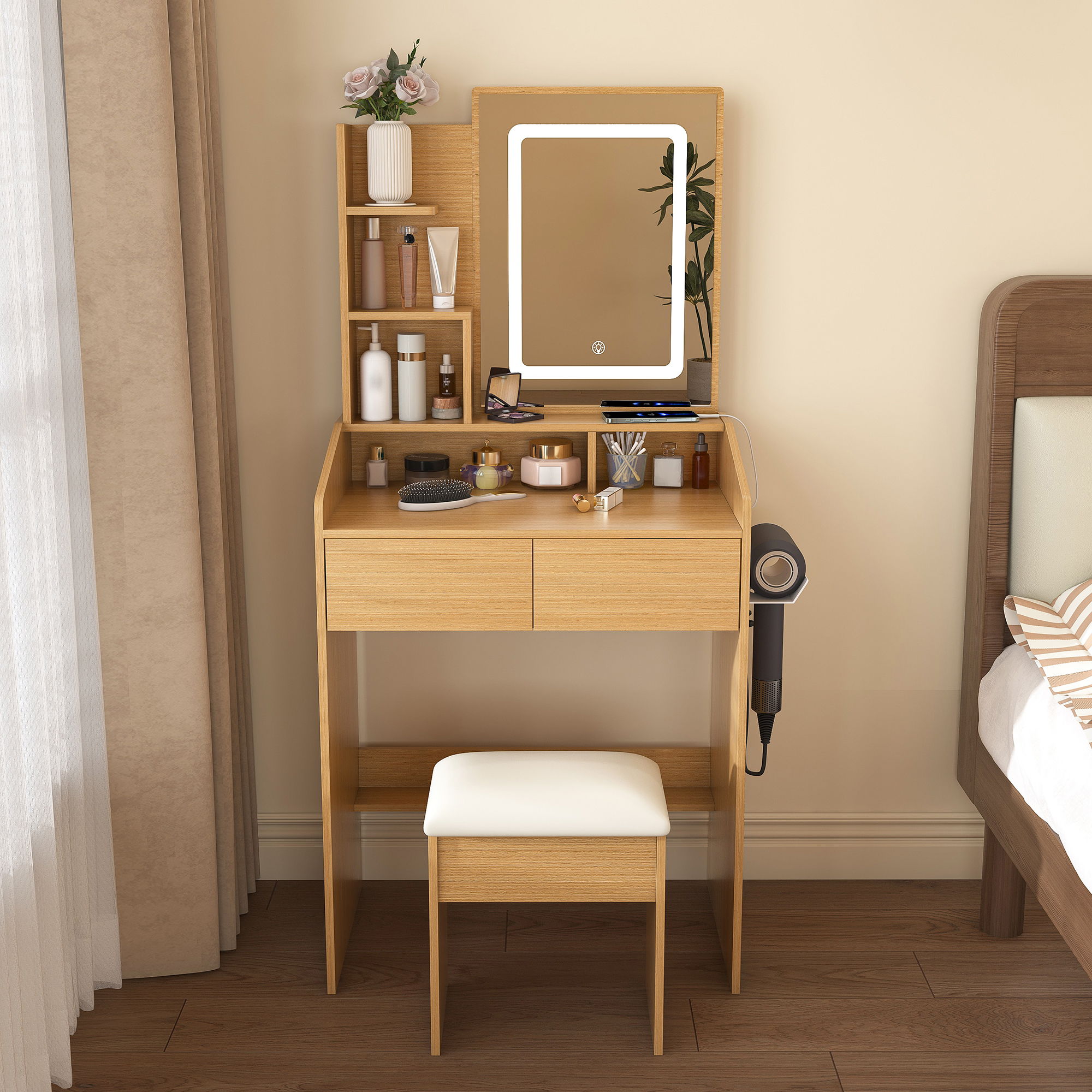 Vanity Table With LED Mirror, Power Outlet, Hairdryer Holder & Padded Stool, Compact Dressing Desk For Small Bedrooms - Wood by Unique Piece Furniture