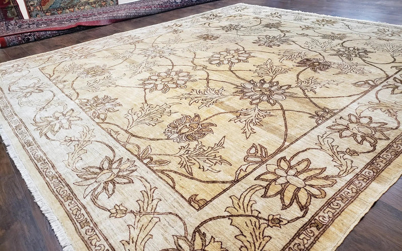 Oversized Peshawar Chobi Oushak Area Rug 11.6 x 12.5, Wool Hand-Knotted Light Gold & Ivory Decorative Pakistani Floral Carpet, 11x12 - 12x13 by Jewel Rugs