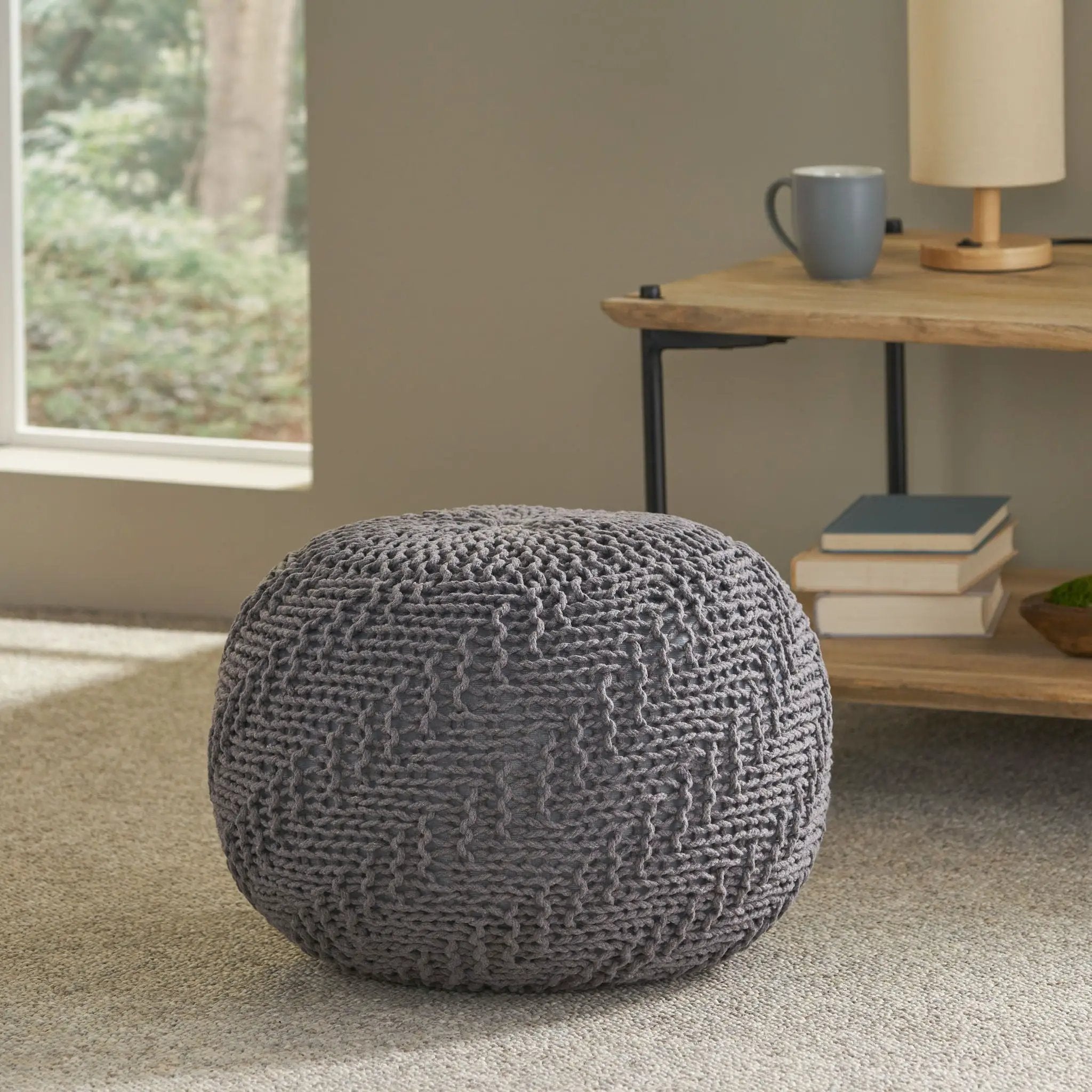 Hazel Modern Knitted Cotton Yarn Round Pouf - Dark Gray by HouseOfZazla
