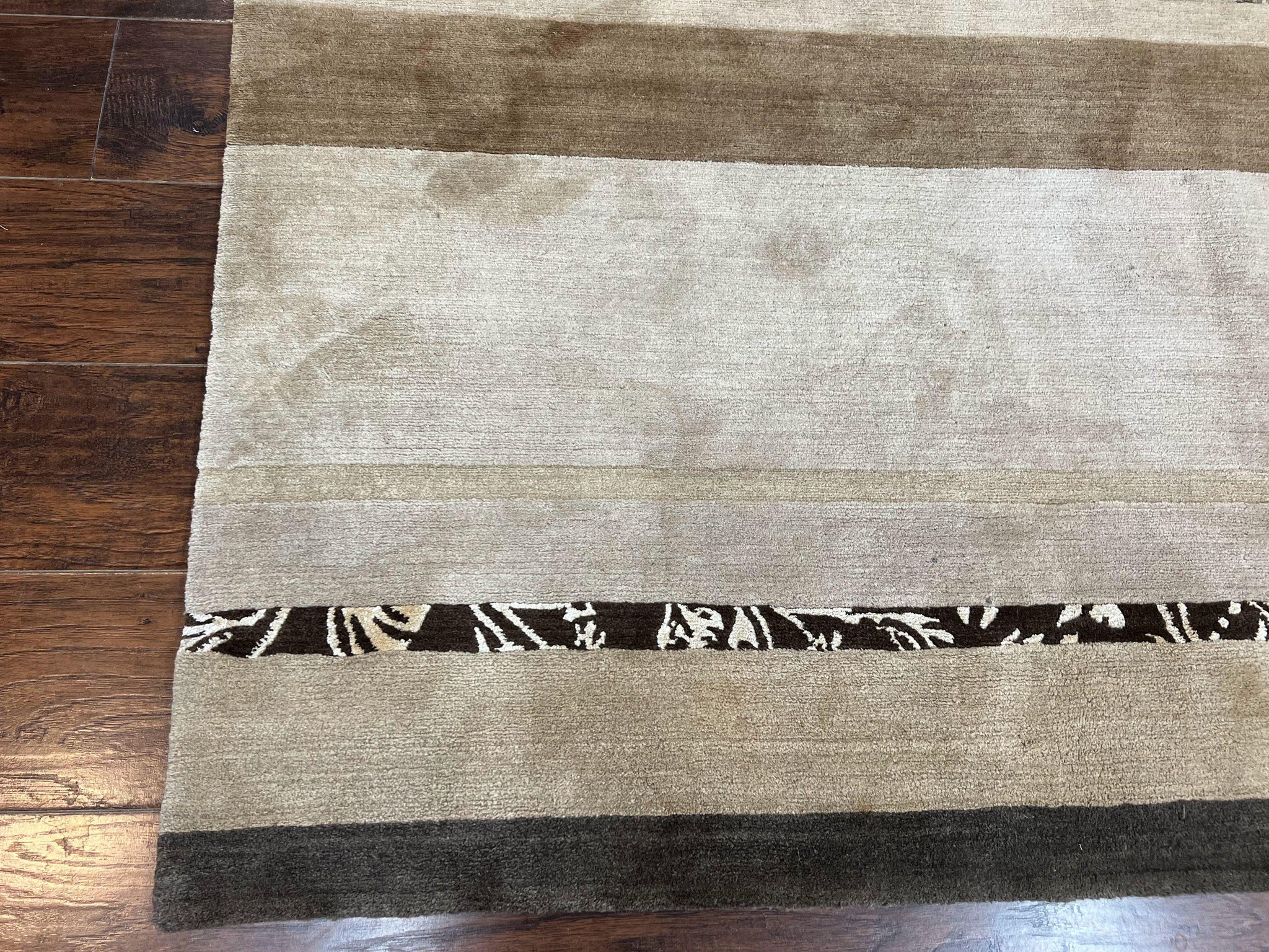 Modern Tibetan Nepali Rug 8x12, Stripe Pattern, Wool with Silk Highlights, Handmade, Beige Tan Brown by Jewel Rugs