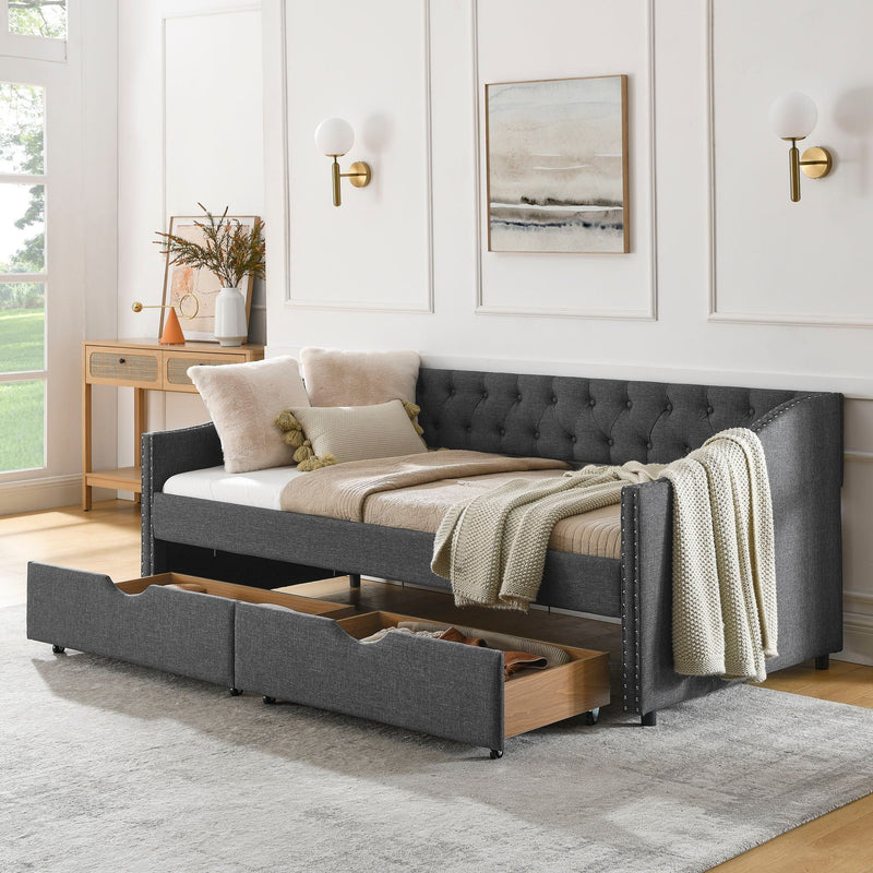 Upholstered Tufted Daybed With 2 Drawers, Waved Arms by Unique Piece Furniture