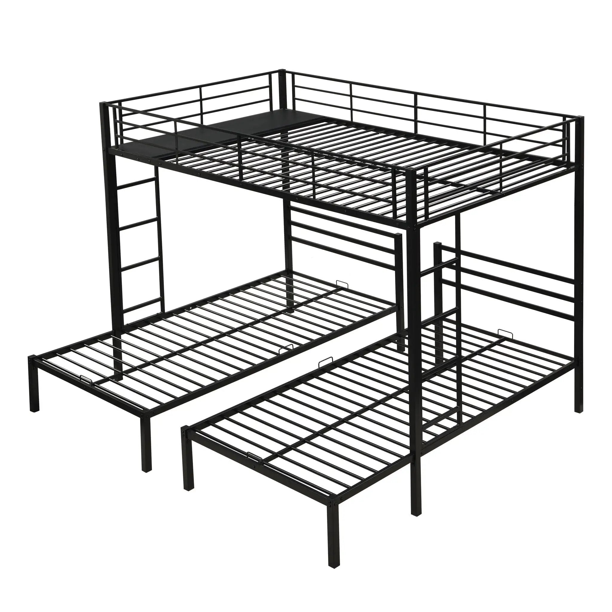 Modern Metal Triple Bunk Bed With Vertical Ladder, Safety Rail, And Storage Shelf - Black by Unique Piece Furniture