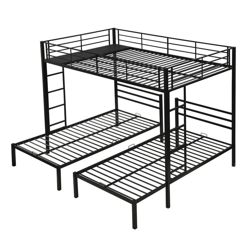 Modern Metal Triple Bunk Bed With Vertical Ladder, Safety Rail, And Storage Shelf - Black by HouseOfZazla