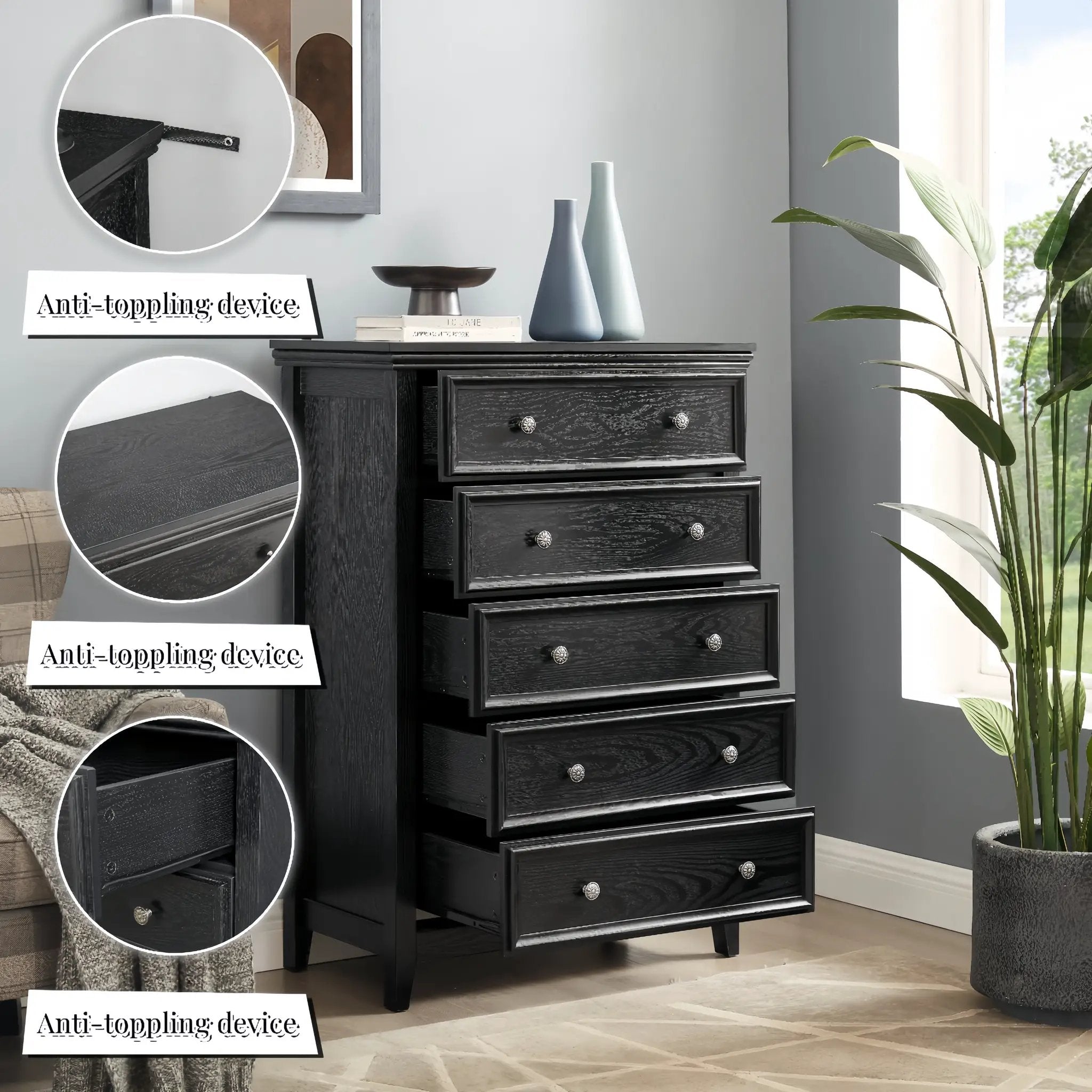 Modern 5-Drawer Black Dresser for Living Room Storage by HouseOfZazla