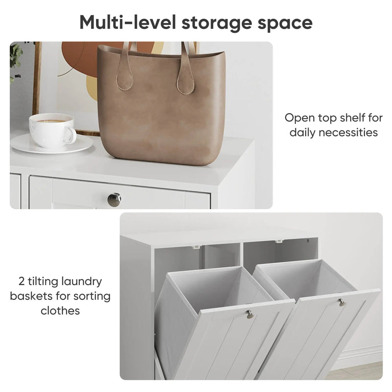 Tilted Laundry Hamper With Removable Basket, Hidden Storage Cabinet, Home Organizer For Bathroom - White by HouseOfZazla