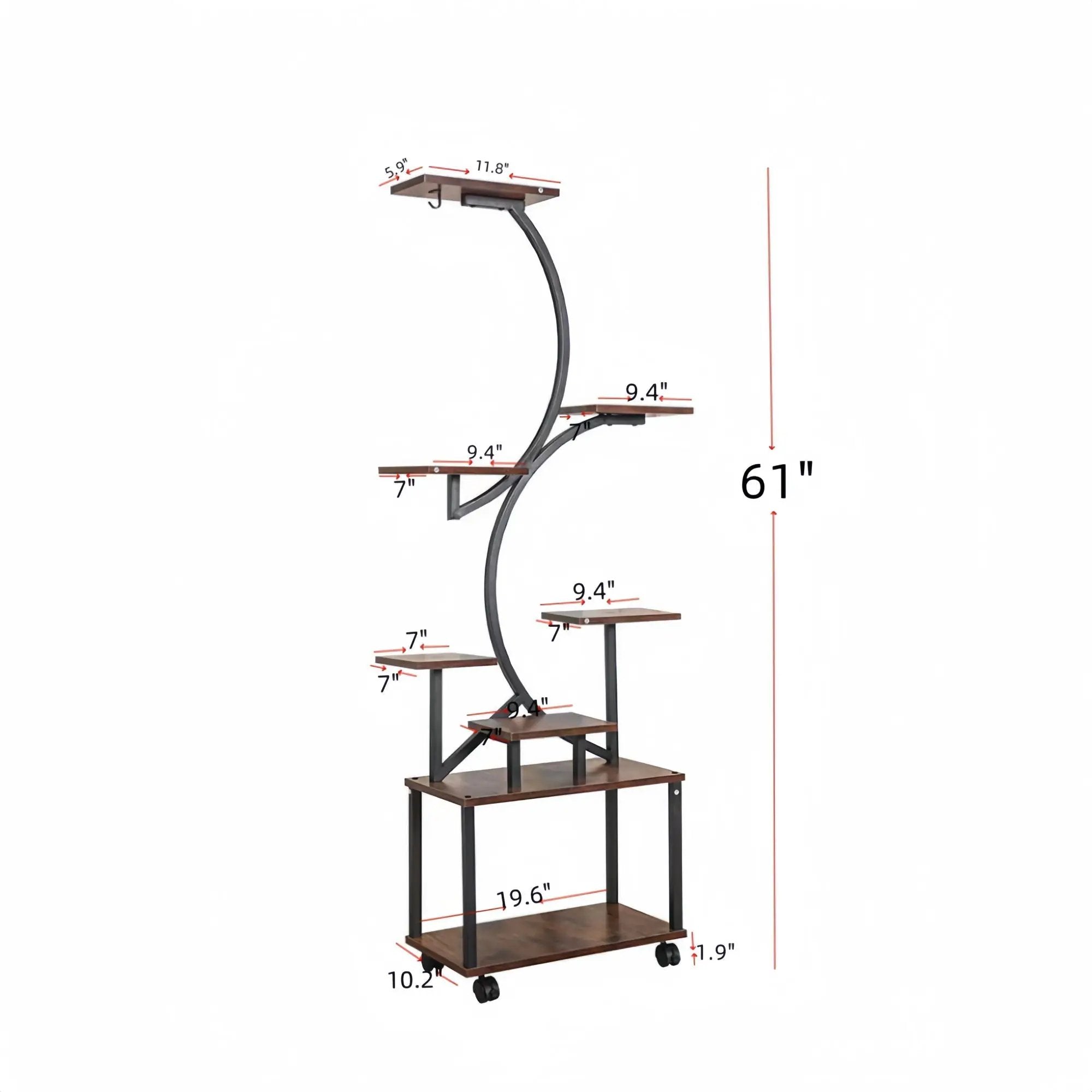 8 Tier Indoor Plant Stand With Grow Lights, S Shaped Metal Shelf For Multiple Plants - Black / Dark Walnut by HouseOfZazla