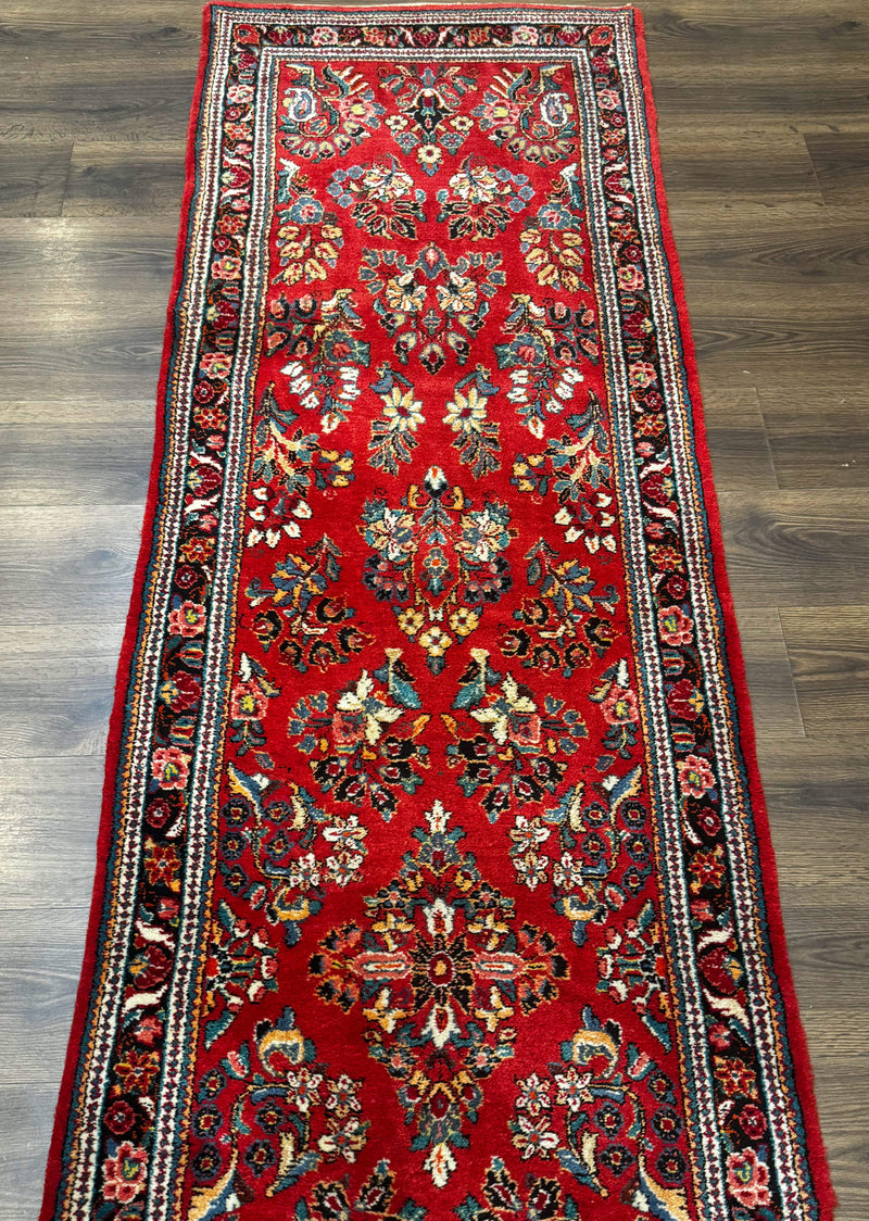 Persian Sarouk Runner Rug 3x12, Red Floral 3 x 12ft Runner, Vintage, Wool by Jewel Rugs