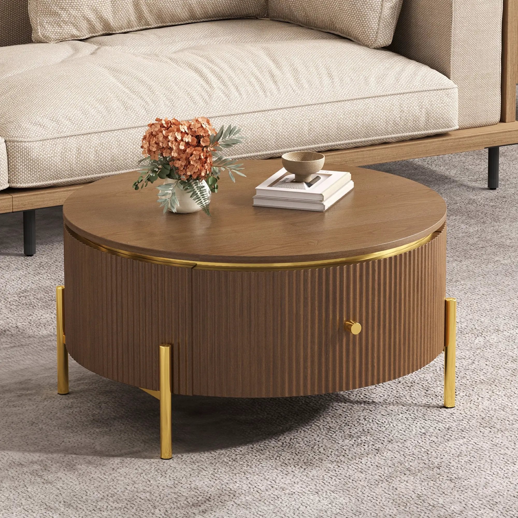 Modern Round Coffee Table with 2 Large Drawers Storage Accent Table by HouseOfZazla