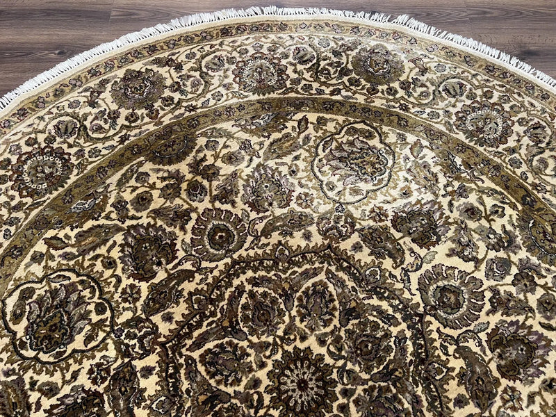 Round Indo Persian Rug 8x8 ft, Large Hand Knotted Vintage Wool Circular Carpet, 8ft Round Oriental Rug, Floral Medallion, Cream and Green by Jewel Rugs