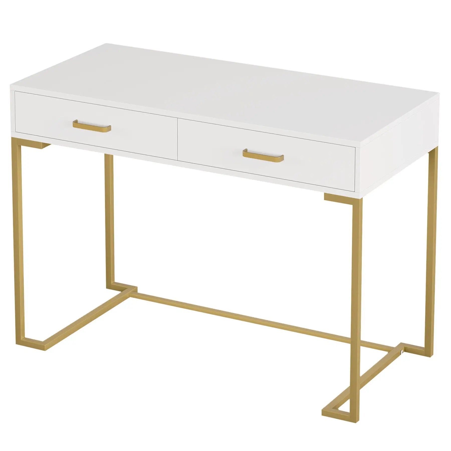 Minimalist Home Office Computer Desk With 2 Drawers, Compact Writing Table For Small Spaces - White / Gold by HouseOfZazla