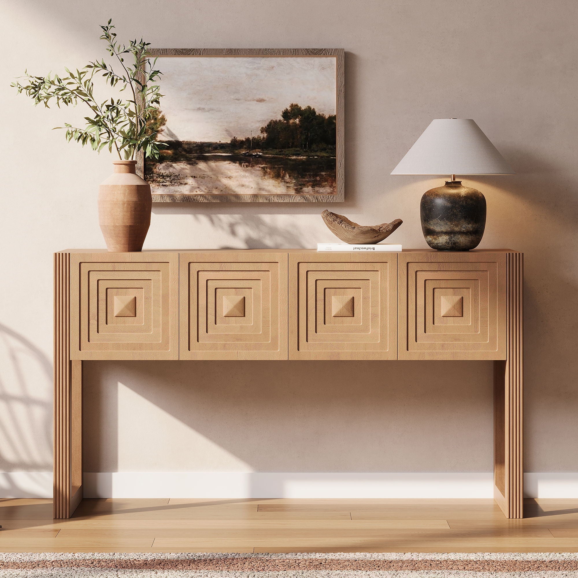 Geometric Carved Console Table With 3 Soft Close Drawers by HouseOfZazla