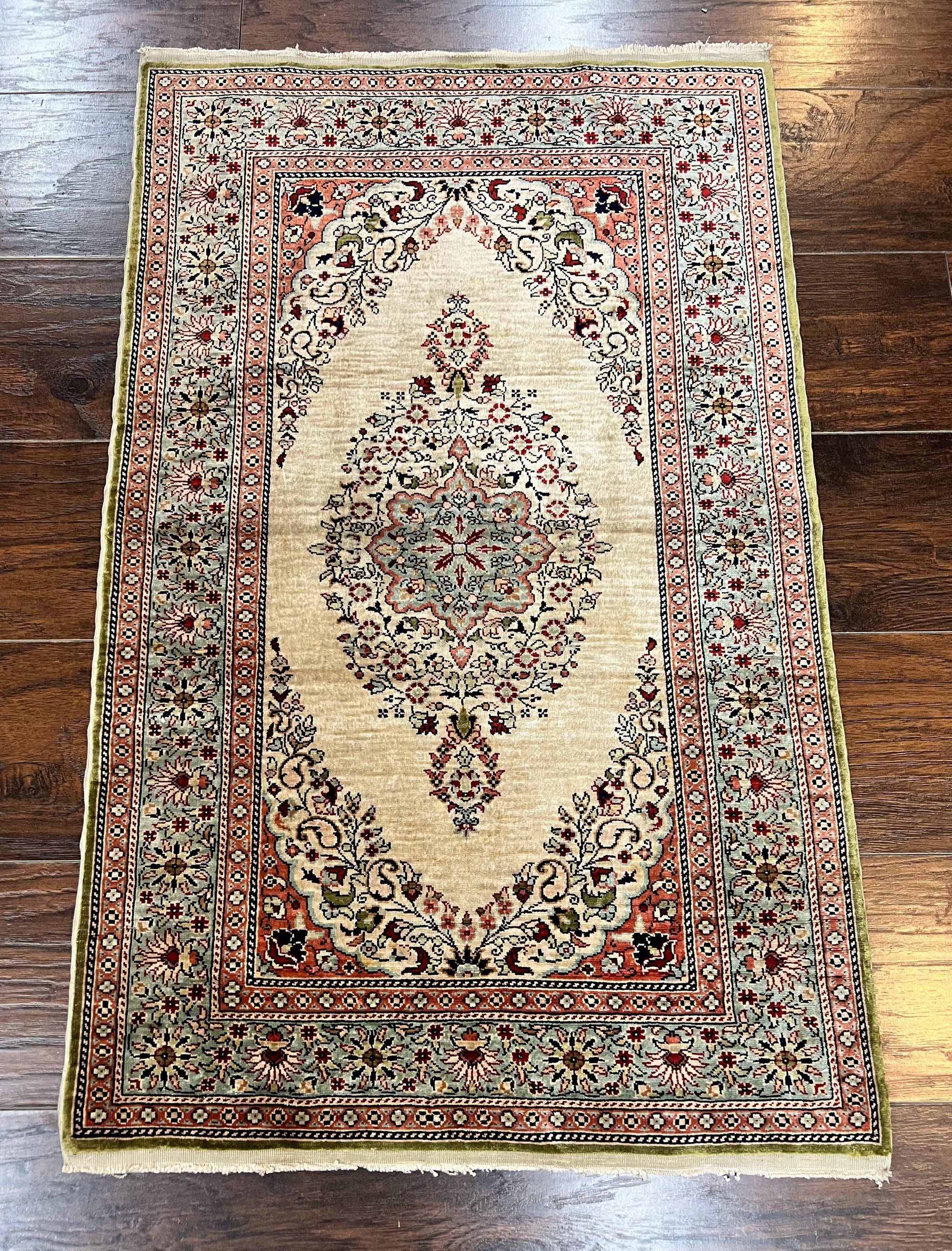 Silk Turkish Kayseri Rug 2x3, Very Finely Hand Knotted, Semi Open Field, Vintage, Silk Pile on Silk Foundation, 300 KPSI by Jewel Rugs