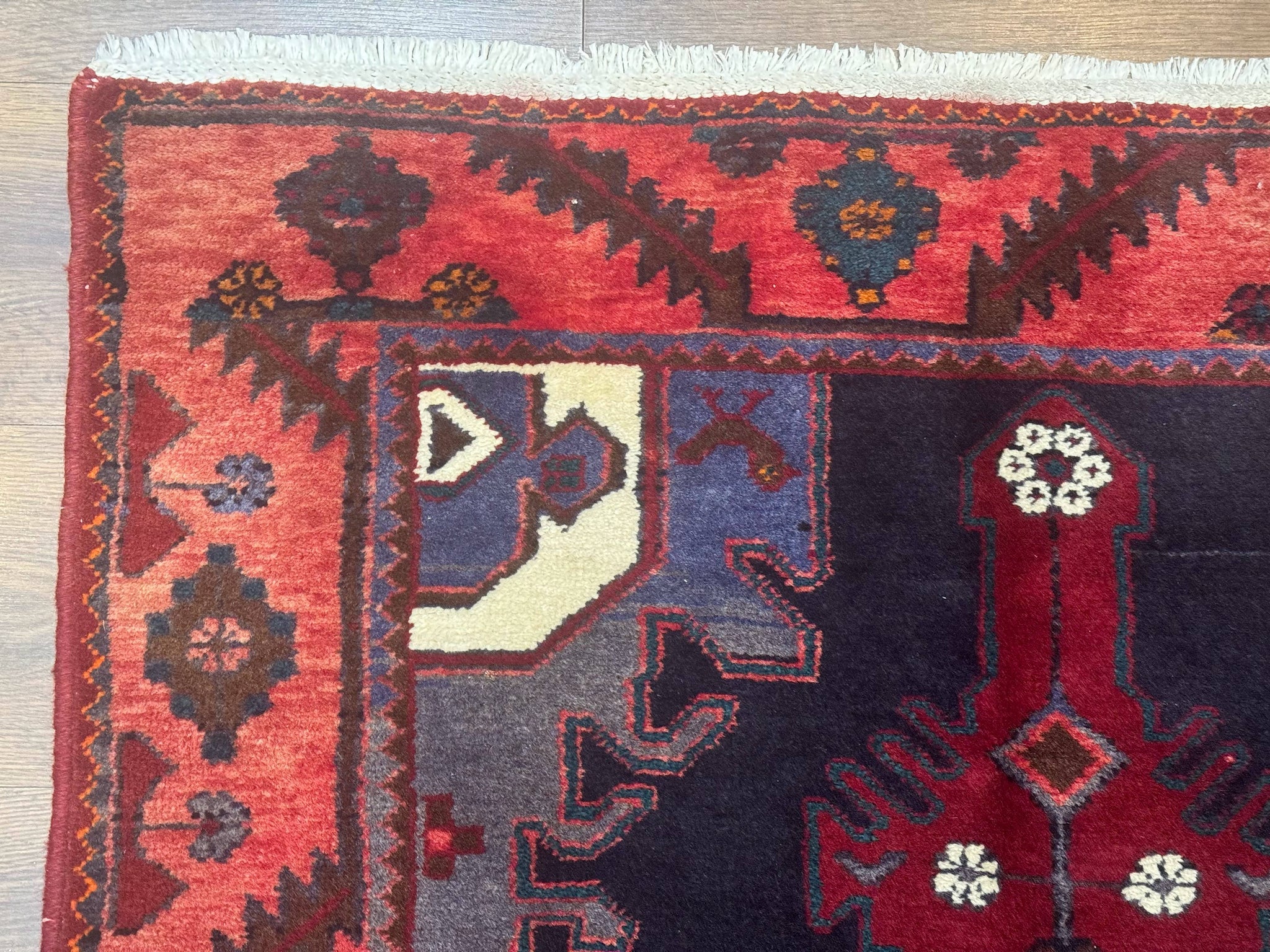 Persian Karajeh Runner Rug 3.6 x 9.5, Geometric Medallions, Tribal Village Rug, Navy Blue, Handmade by Jewel Rugs