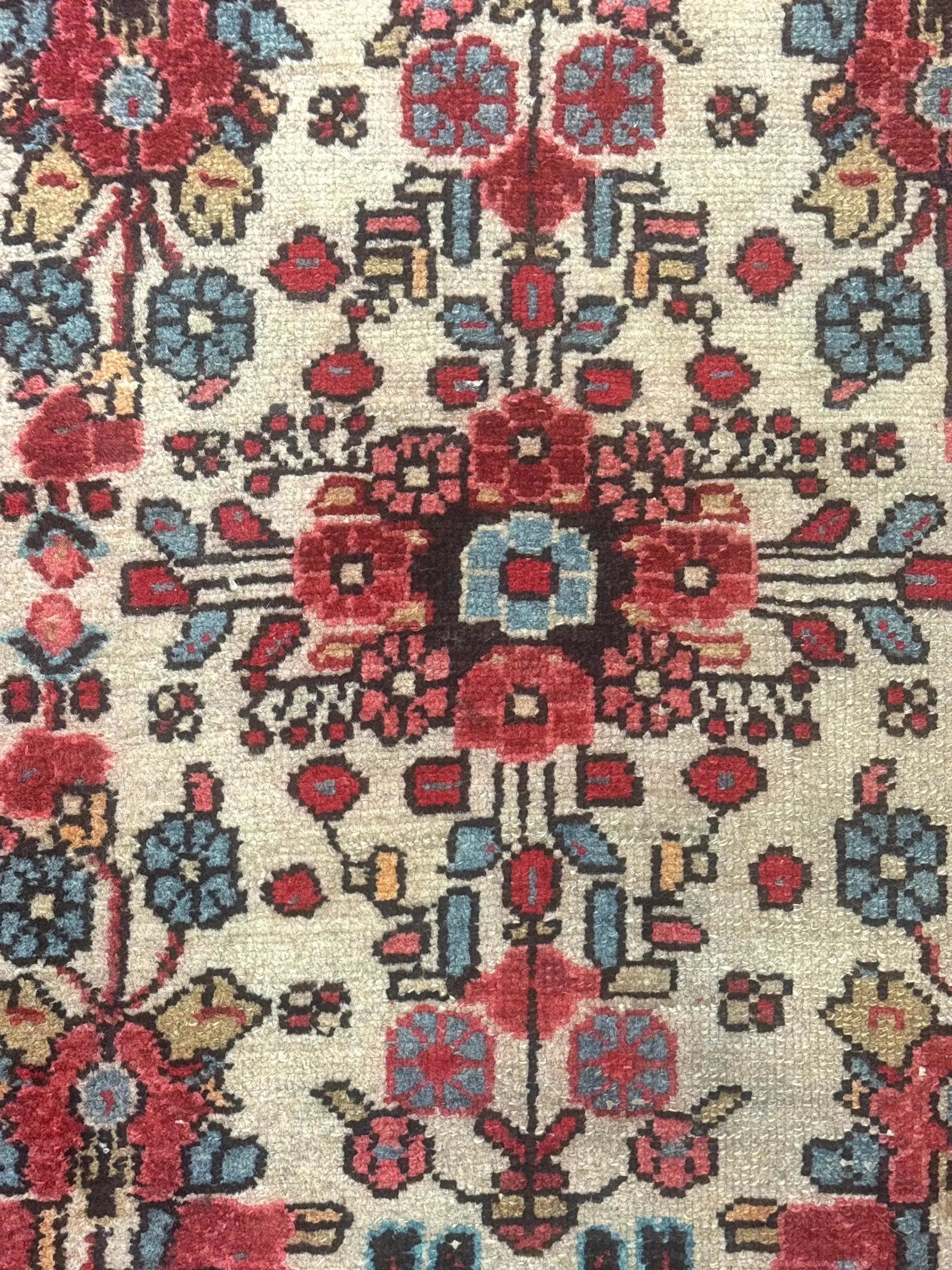 Small Antique Persian Rug 2x3, Beige and Red, Floral, Wool, Hamadan Rug by Jewel Rugs