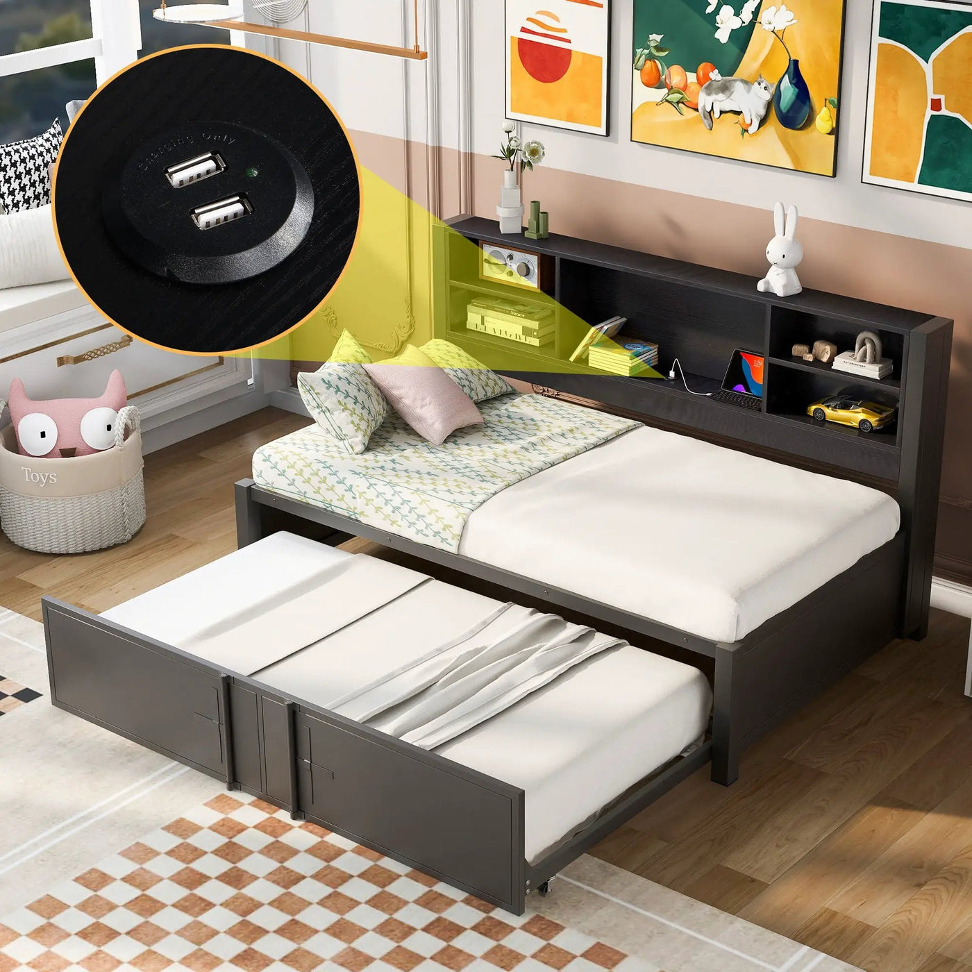 Industrial Metal Daybed With Trundle, Storage Shelves, USB Ports by Unique Piece Furniture