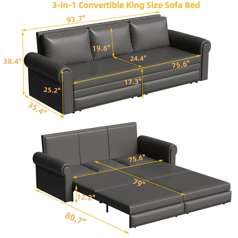 3 In 1 Convertible Sleeper Sofa With Nailhead Trim & Rolled Arm by HouseOfZazla