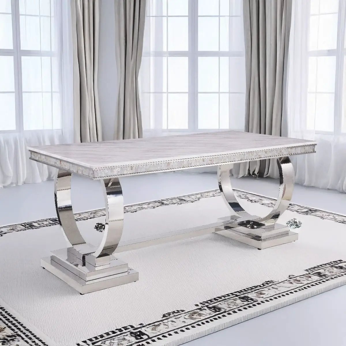 Zander - Dining Table - White Printed Faux Marble Top & Mirrored Silver by Unique Piece Furniture
