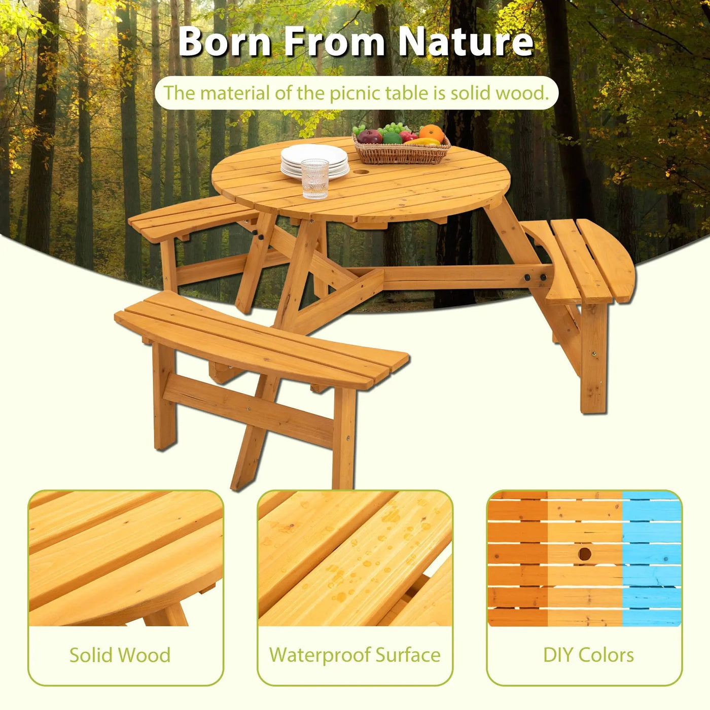 6 Person Circular Outdoor Wooden Picnic Table For Patio, Backyard, Garden, Diy With 3 Built-In Benches, 1720Lb Capacity by Unique Piece Furniture