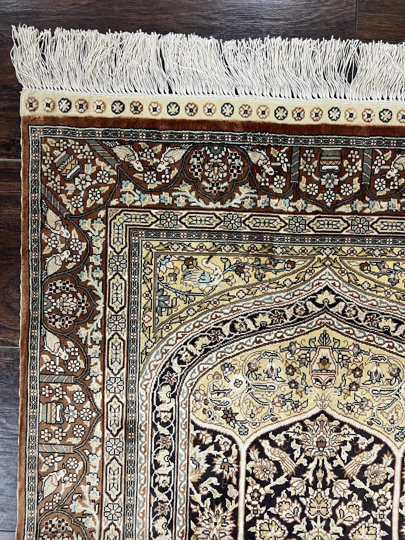 Turkish Silk Hereke Rug 2x3, Floral Vase Tree of Life Birds, Silk Pile on Silk Foundation, Vintage Oriental Carpet, Very Fine, Signature by Jewel Rugs