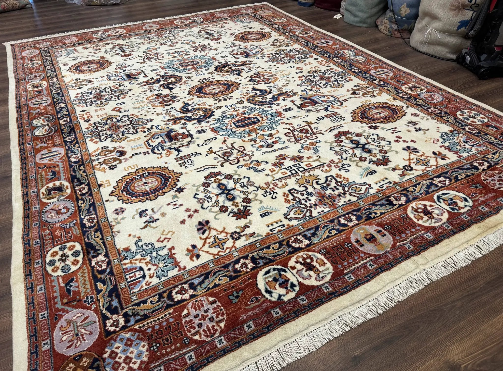 Indo Chinese Wool Rug 9x12, Ivory and Rust Red, Dragon Motifs by Jewel Rugs