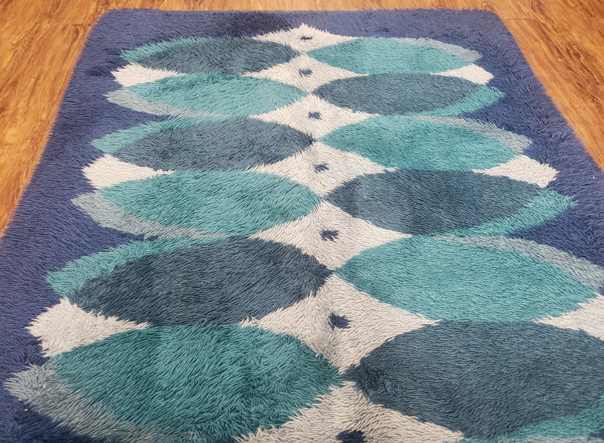 Blue Rya Rug, 1960s Mid-Century Modern Danish Shag Rug 4'6" x 6'7", Ege Rya, Abstract by Jewel Rugs