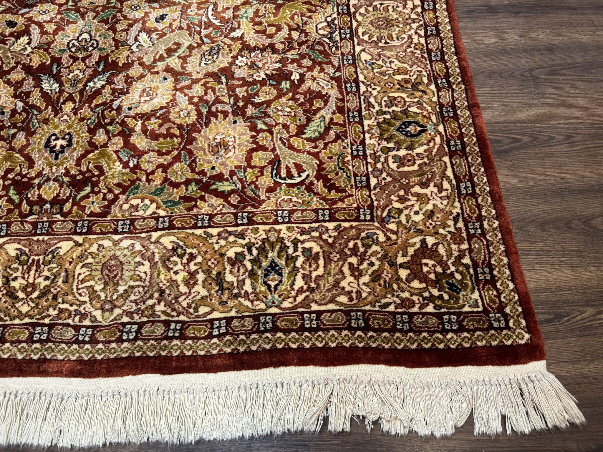 Tree of Life Indian Kashmiri Rug 6x9, Rust Red and Cream, Animal Pictorials, Fine 290 KPSI by Jewel Rugs