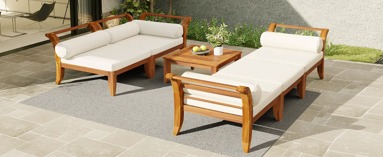 6 Piece Acacia Wood Outdoor Modular Sectional with Daybed and Tea Table by HouseOfZazla