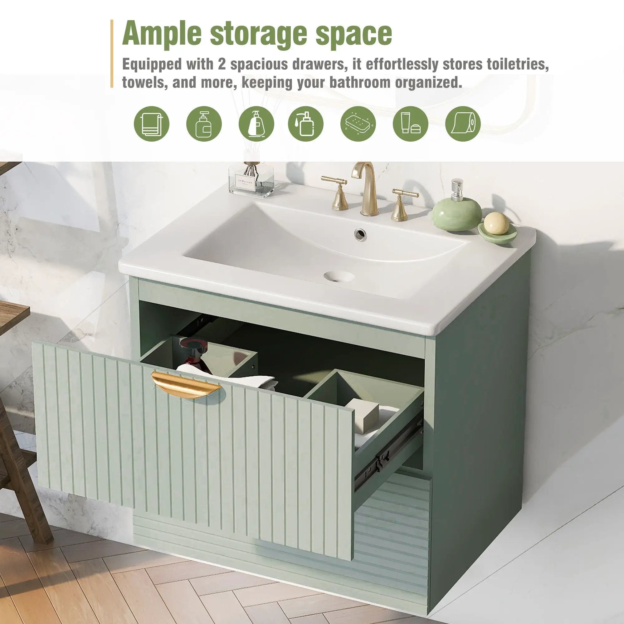 Modern Wall-Mounted Bathroom Vanity With 2 Drawers, Ideal For Small Bathrooms - Green by Unique Piece Furniture