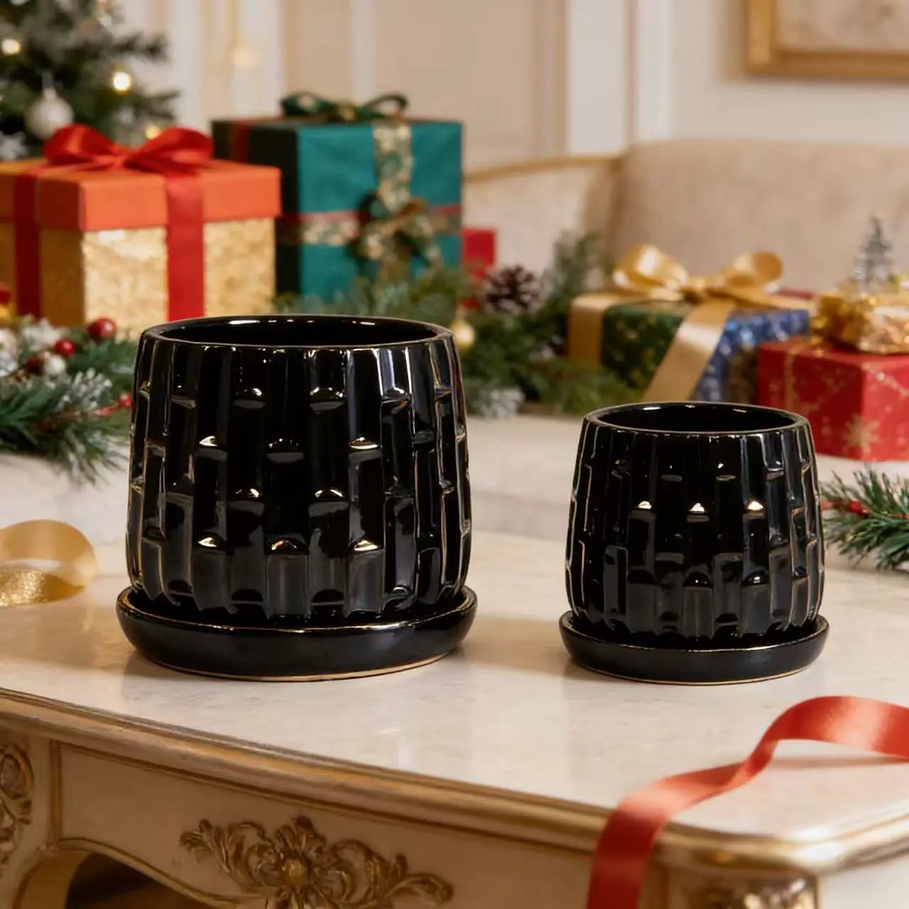 Handmade Ceramic Flower Pot with Groove Pattern by HouseOfZazla