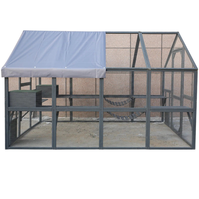 Spacious Wooden Cat Catio Outdoor Kitty House With Bridges And Roof Cover - Gray by HouseOfZazla