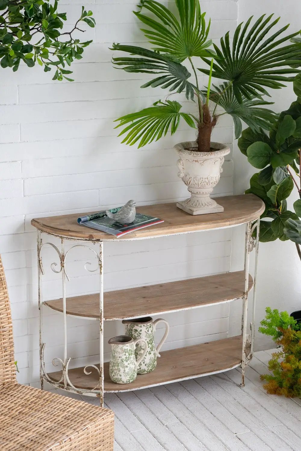 3 Tiered Wooden Shelving Unit With Ornate Iron Frame - Multicolor by Unique Piece Furniture