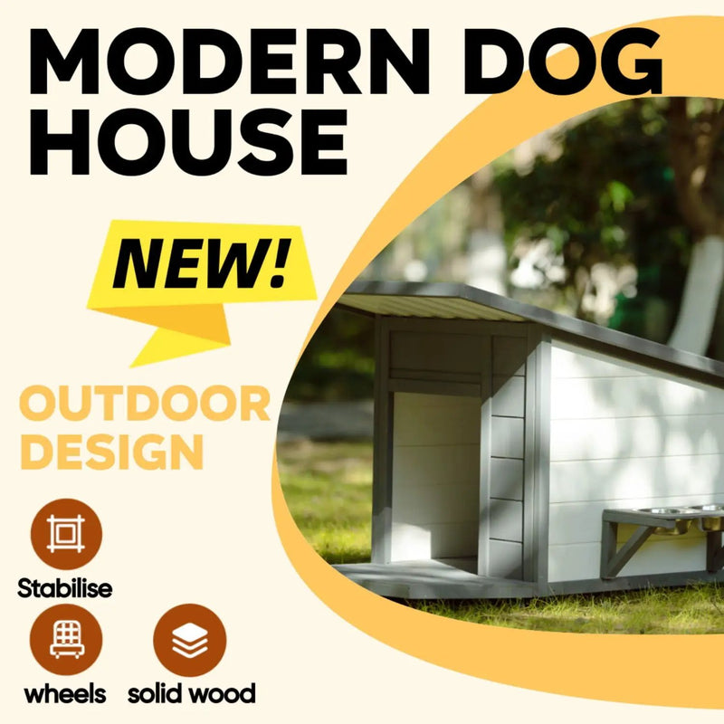 Modern Design Outdoor Dog House With Food Bowl And Wheels Pine - Gray / White by HouseOfZazla
