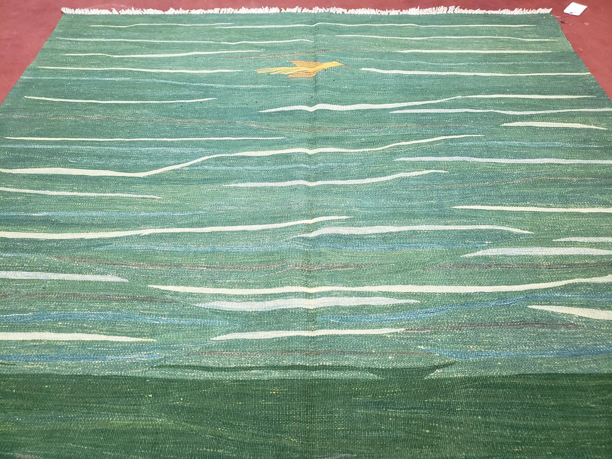 Green Turkish Kilim Rug, 6x9 - 7x10 Rugs, Bird, Handmade New Area Rug, Wool, Bohemian Boho Decor, Hand Woven, Modern Abstract Flat Weave Rug by Jewel Rugs