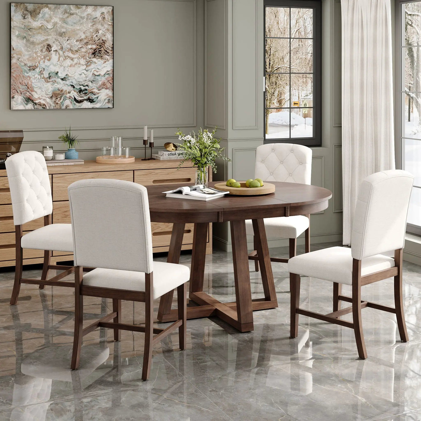 Dining Set With Leaf Round Table And 4 Upholstered Chairs by Unique Piece Furniture