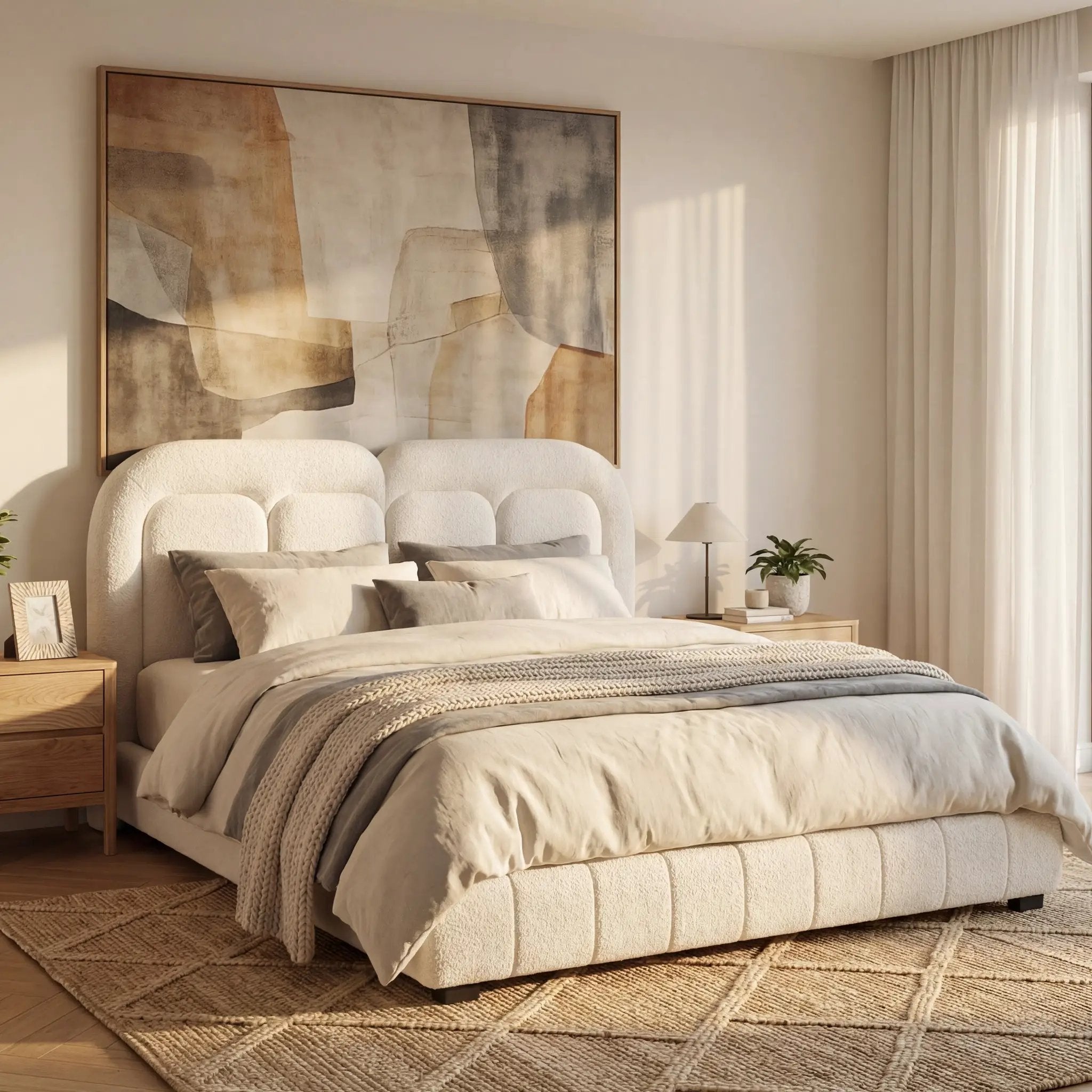 Queen Size Boucle Upholstered Platform Bed with Tufted Headboard by HouseOfZazla