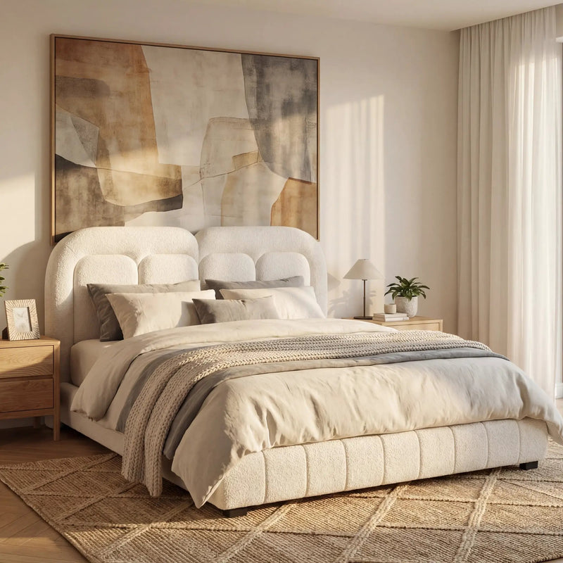 Queen Size Boucle Upholstered Platform Bed with Tufted Headboard by HouseOfZazla