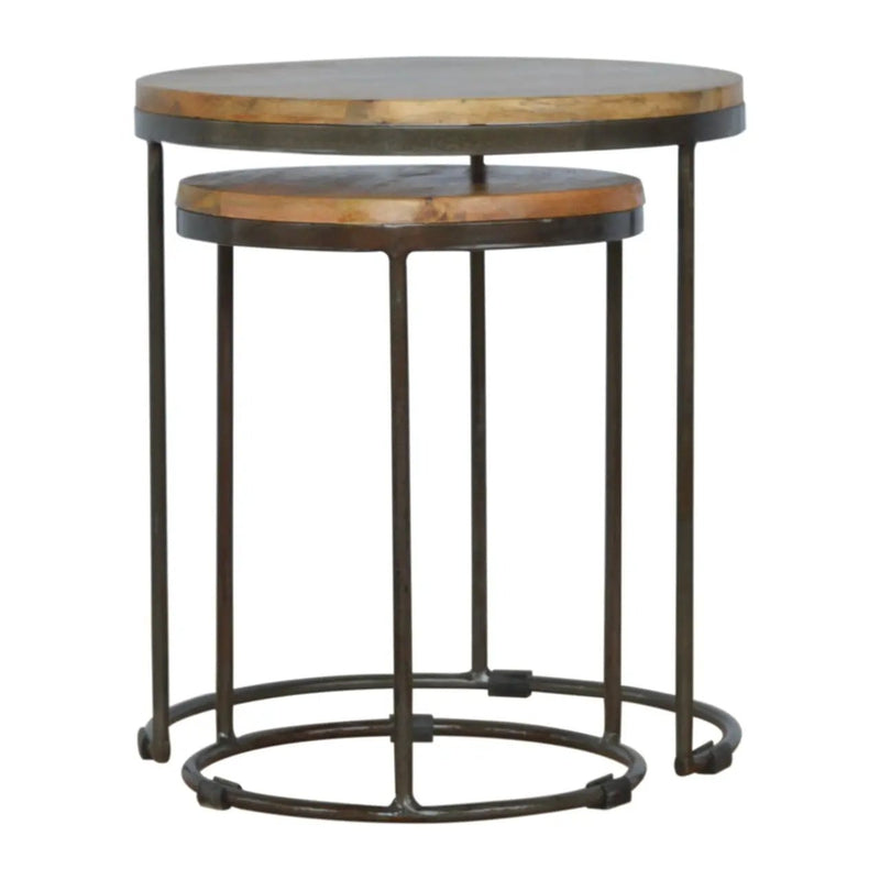 Round Stool Table With Iron Base (Set of 2) - Brown / Black by HouseOfZazla